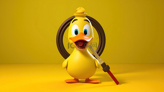 可爱的黄色鸭子吉祥物拿着弓和箭站在目标前面，在阳光明媚的黄色背景上用飞镖瞄准靶心 3D 插图