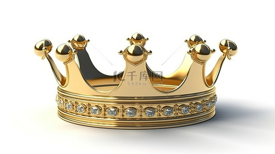 白色背景上带有剪切路径的金色王冠的 3D 渲染