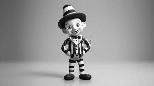 一个穿着黑白西装的可爱精灵扮演小丑的 3D 插图