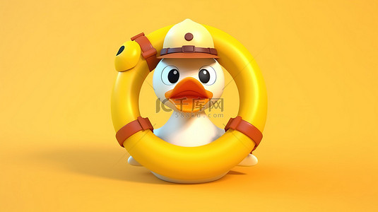 3D 渲染的黄鸭人吉祥物，其救生圈设置在充满活力的黄色背景下