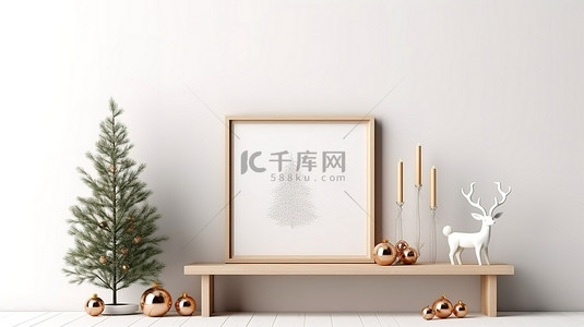 3D 渲染圣诞海报，带有木框鹿杉树和白墙背景的星形花环