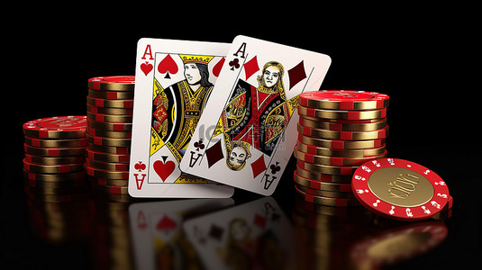 金冠和红色骰子玩牌 3D 渲染赌场体验与剪切路径