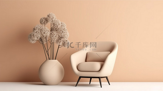 米色花瓶背景图片_米色单色扶手椅和花瓶植物在柔和的棕色背景下的 3D 渲染