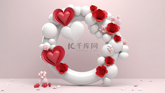 情人节花环，心形气球玫瑰和白色圆形设计 3D 渲染