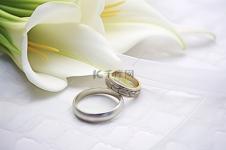 联系莉莉与结婚戒指和丝带与花边背景