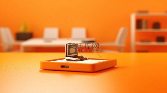 橙色办公桌背景上手机的 3D 插图