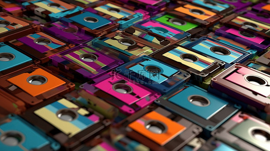 紫色背景音乐背景图片_3d 渲染的老式盒式磁带无缝图案