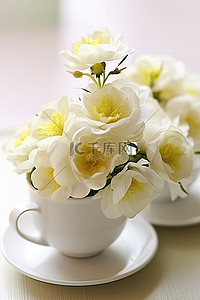 白色的花朵排列在茶杯中