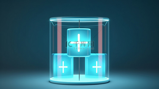 3D 渲染简约圆柱展示架，带有发光医疗十字或加号符号