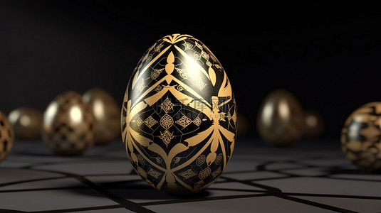 优雅的复活节彩蛋，带有金色和黑色图案的 3D 渲染