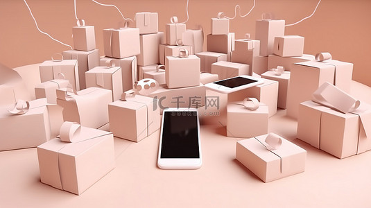 购物商城背景图片_带堆纸盒的 3d 智能手机是一种概念性的购物体验