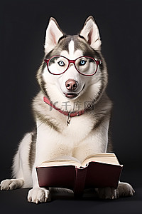 戴眼镜看书的哈士奇狗