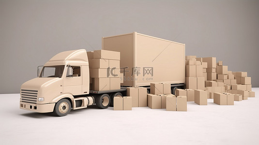 令人惊叹的 3D 再现中的一组纸箱和一辆卡车