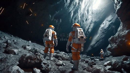 星球大战宇宙飞船背景图片_宇航员调查小行星飞船的 3d 渲染