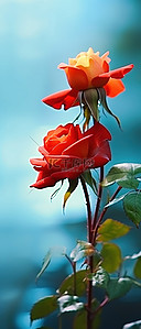 红玫瑰背景图片_两朵红玫瑰在水与绿色