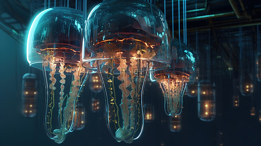 水母水族馆背景图片_控制论水母在海管中游泳的 3D 插图