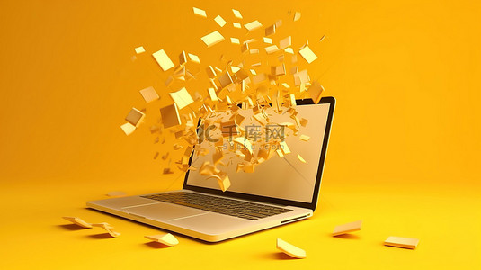 笔记本电脑图标背景图片_淡黄色背景上笔记本电脑周围飞行的卡通图标
