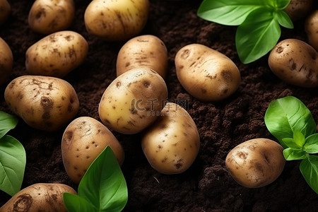 蔬菜绿叶背景图片_土豆坐在绿叶旁边的泥土里