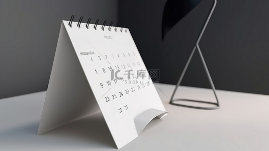 白色背景下放在桌子上的纸质白色日历的 3D 插图