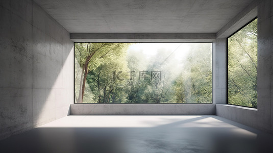 以自然为灵感的宽敞混凝土房间的 3D 可视化效果，带有大窗户，非常适合展示产品