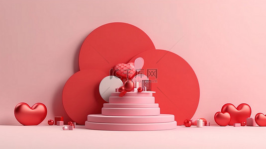 3D 渲染的情人节讲台装饰着气球和礼品盒，以进行欢乐的庆祝活动