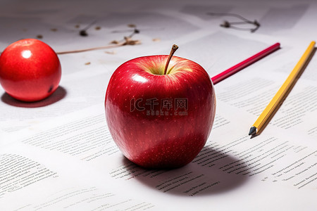 一个红苹果坐在一些纸和红铅笔上