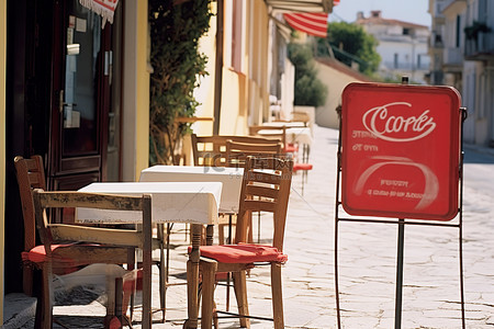 希腊克里特岛卢内斯塔餐厅带户外座位的餐桌