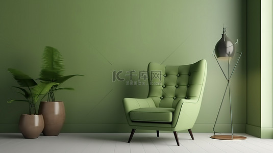以绿色扶手椅为特色的当代空间的 3D 渲染