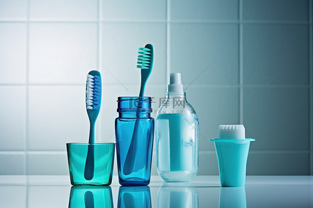 北欧轻奢高级浴室背景图片_一碗牙刷牙膏玻璃杯和几个玻璃瓶