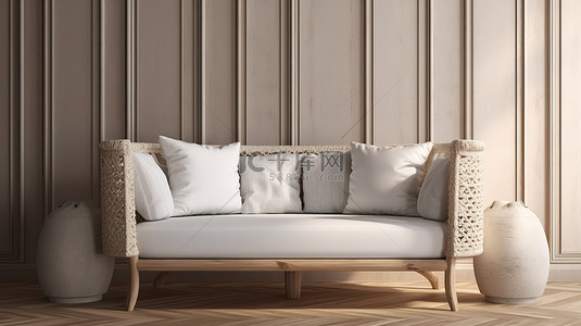 室内场景和模型 3D 渲染的两座沙发的插图，采用浅棕色织物和手工制作的白色编织靠背