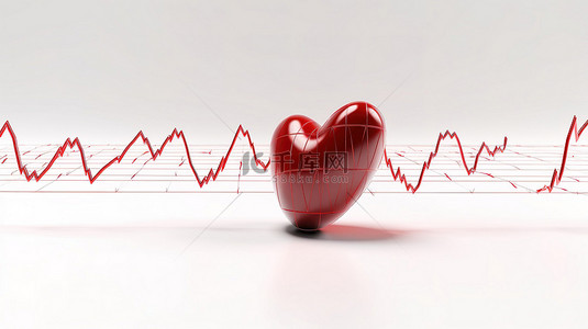 白色背景上带有心跳脉冲线的 3D 红心图标的插图