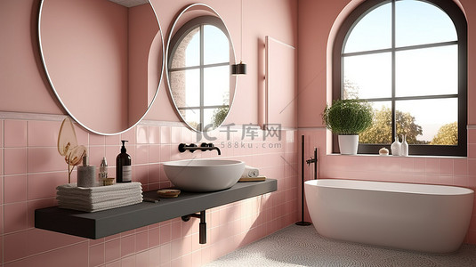 斯堪迪风格的酒店浴室角落展示粉色瓷砖墙壁大镜子和时尚的灰色洗脸盆，采用 3D 渲染