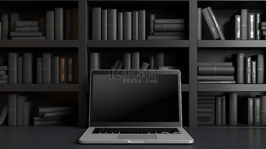 场景办公背景图片_方形背景下黑色架子上笔记本电脑的 3D 插图