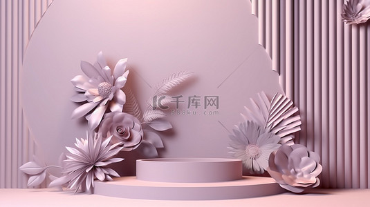 长春花兰背景图片_柔和的紫色 3d 讲台，长春花背景装饰着玫瑰花和棕榈叶 3d 渲染