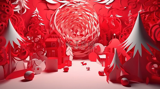 3d分层背景图片_红色圣诞快乐，带有装饰元素的分层剪纸形状的 3D 渲染