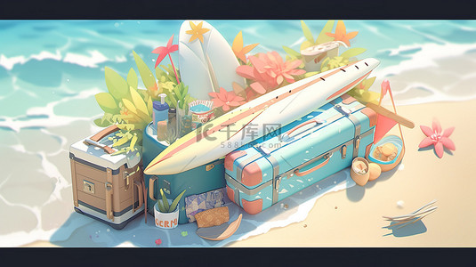 灵感板背景图片_夏季灵感 3D 插图，配有手提箱冲浪板和旅行必需品