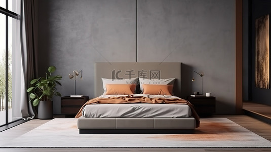 协调背景图片_现代卧室设计，配有棕色床灰色墙壁以及协调的地板和地毯，采用令人惊叹的 3D 渲染