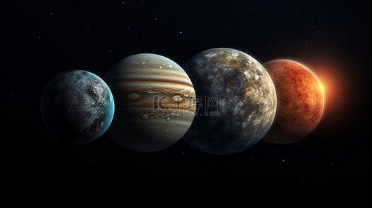 黑色背景 3D 渲染下太阳系令人难以置信的行星
