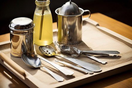 勺子上的油背景图片_木托盘上的烹饪工具