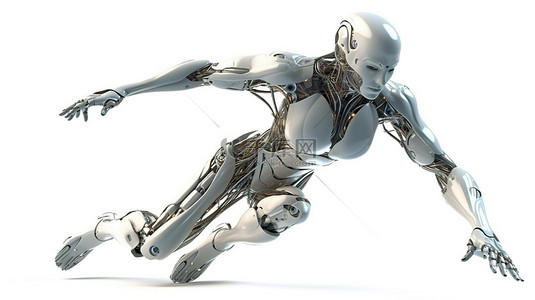 隔离在白色女性机器人或机器人上，在 3D 渲染中运行或跳跃