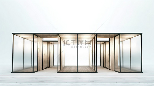 店门背景图片_光滑的玻璃墙房间隔板，带门，白色背景 3D 概念