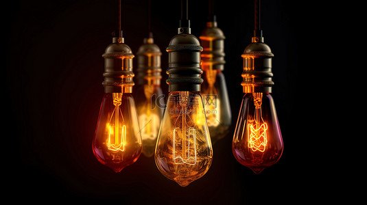爱迪生风格的复古灯泡，在 3D 渲染的时尚黑色背景上具有装饰风格