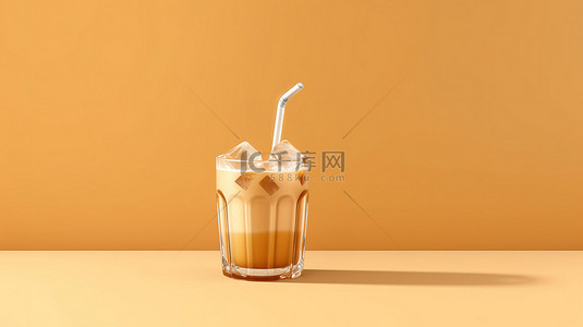 插吸管的可乐背景图片_米色背景 3d 渲染上玻璃杯中带吸管的清爽饮料冰饮