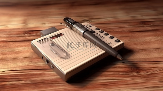 数字录音机和笔记本，笔放在木桌上，非常适合记者 3D 渲染