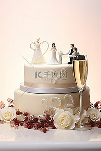情侣的背景图片_一个带酒杯和一对情侣的婚礼蛋糕