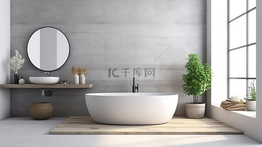 现代阁楼浴室内部配有白色桌面，用于蒙载您的产品 3D 渲染