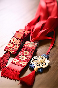 桌子上的三条装饰性红色丝带和流苏