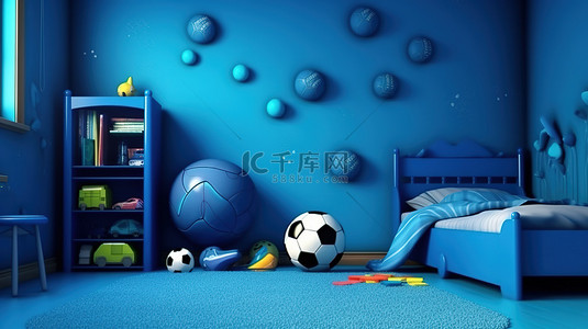 蓝色足球主题儿童房间的 3D 渲染