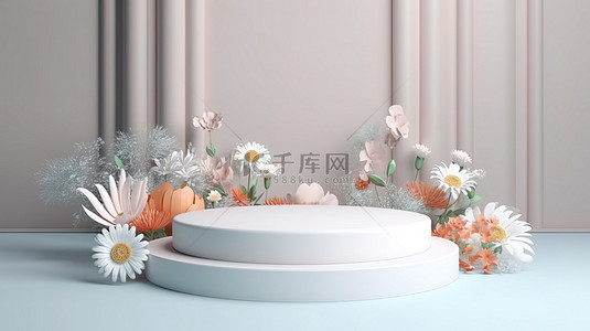 用于产品展示的抽象平台的花卉装饰 3D 渲染