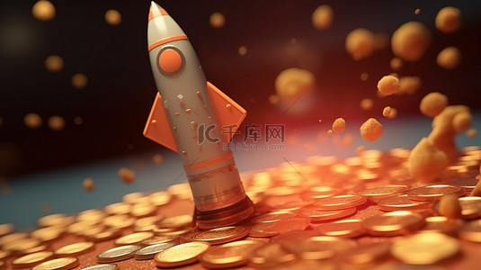 飞行图背景图片_3d 插图飞行火箭与增长图表和硬币